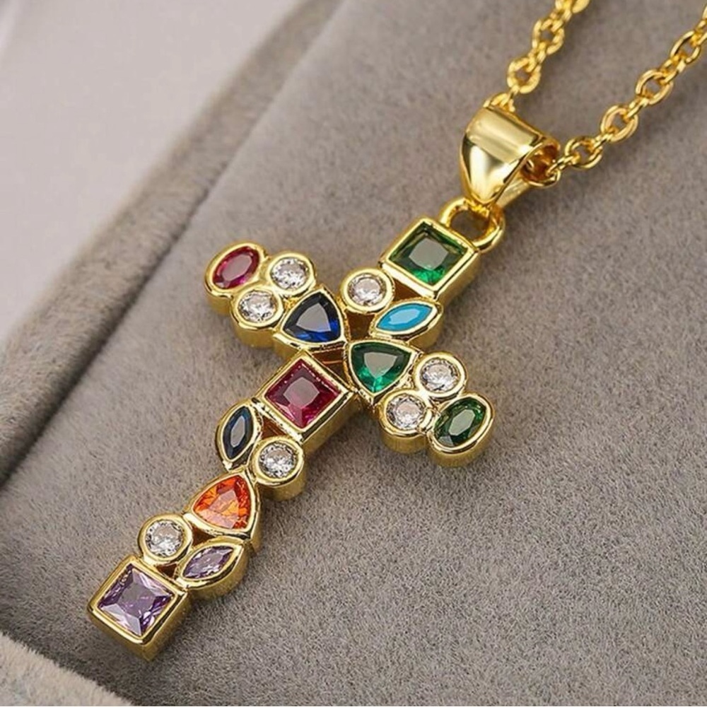Multicolor Asymmetrical Gemstone Cross Pendant Necklace, Geometric Stones, Gold
